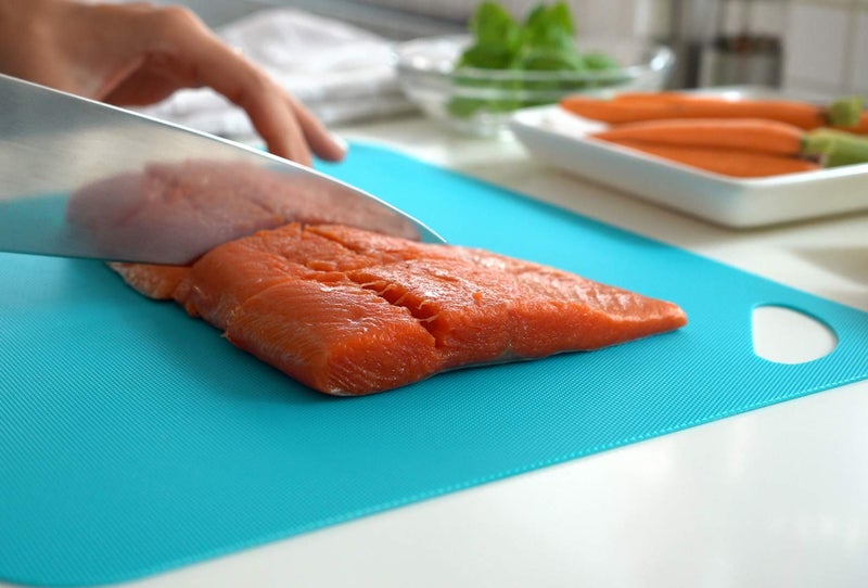 Dexas Heavy Duty Cutting Board Grippmat, Flexible Cutting Boards for Kitchen, Set of 4, Non Slip Plastic Board Cutting Mat 11.5 by 14 inches, Bright Blue, Yellow, Orange and Pink Set Kitchen Gadgets - Image 5